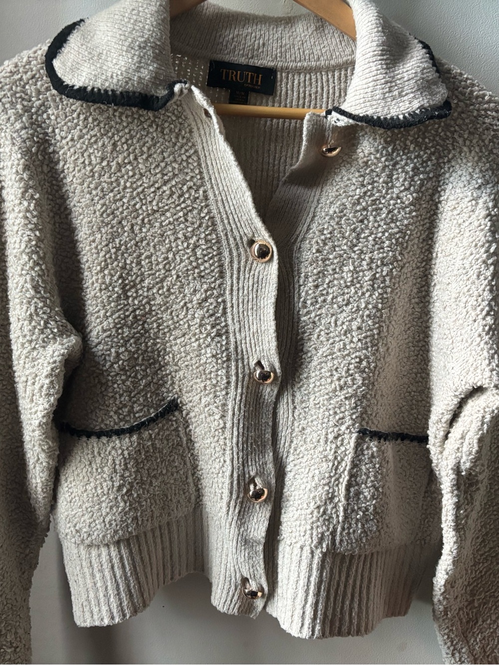 TRUTH Cream Bouclé Cardigan with Black Trim - Picture 2 of 4